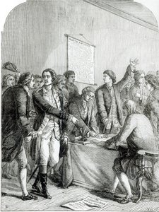 Signing the United States Declaration of Independence, Engraved by J. Knight by English School